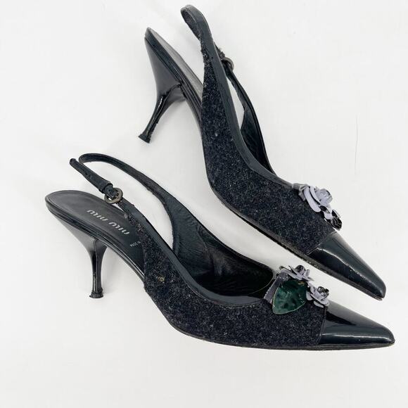 Miu Miu Vintage Charcoal Wool Black Cap Toe Floral Applique Slingback Heel IT 38 - Picture 3 of 13